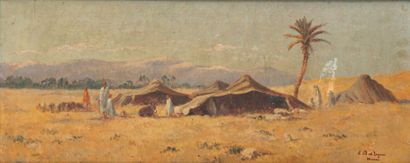Eugène DELAHOGUE (1867-1934) Campement Huile sur toile, signée en bas à droite et...