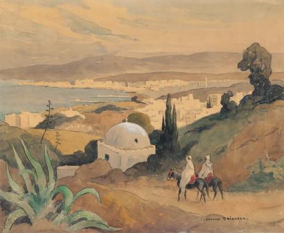 Edouard DOIGNEAU (1865-1954) Deux cavaliers sur les hauteurs Tanger Aquarelle et...