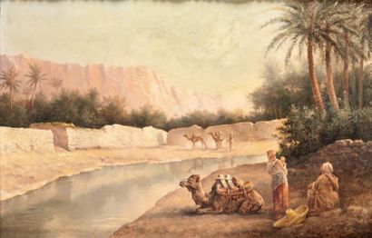 Gaspard de TOURSKY (?-1925) La halte au bord de l'Oued Huile sur toile, signée en...