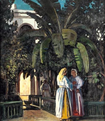 Azouaoui MAMMERI (1890-1954) Conversation au riadh, Maroc Huile sur toile, signée...