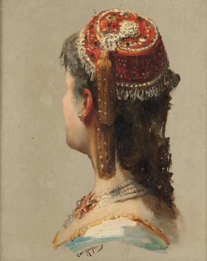 Comtesse de MAUPEOU (XIXe-XXe) Portrait de femme au chapeau rouge Huile sur panneau,...