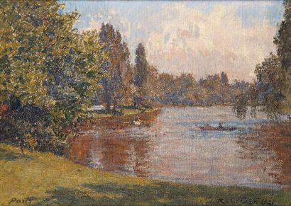 Alexandre ROUBTZOFF (1884-1949) Vue du bois de Boulogne Huile sur toile, signée en...