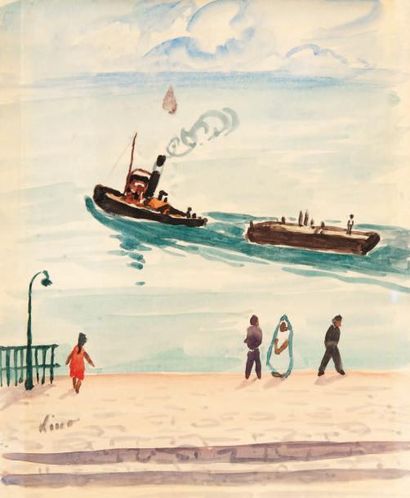 Gustave LINO (1893-1961) Cargo remorqueur devant Alger Aquarelle gouachée, signée...