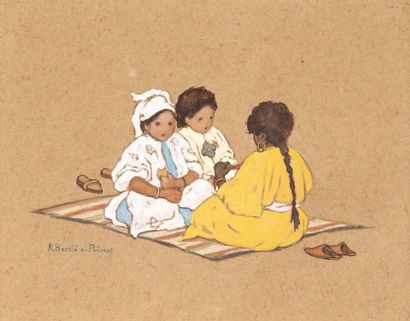 Madeleine BARRIERE-PREVOST (XIX-XXe) Déjeuner de trois jeunes filles marocaines Gouache,...
