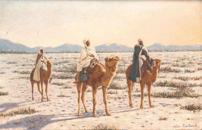 Ovide CURTOVITCH (1855-?) Trois hommes sur leur chameau dans le désert Huile sur...