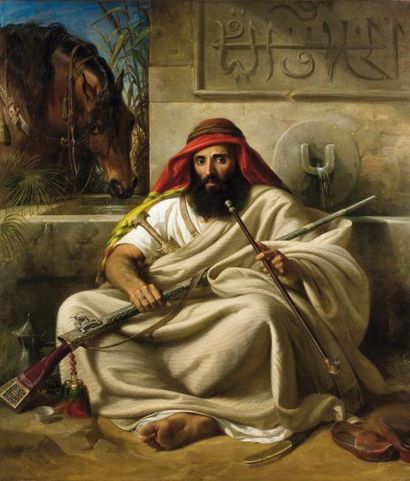 Hermann KRETZSCHMER (1811-1890) Guerrier fumant le Chibouk 1845 Huile sur toile,...