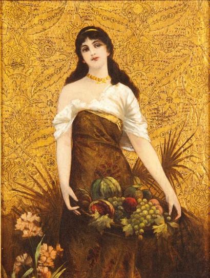 PETRONI (XIXe - XXe siècle ) La belle mauresque au plateau de fruits Huile et feuille...