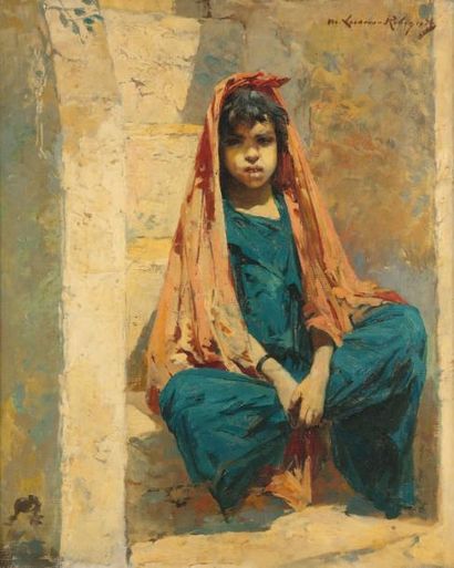 Marie-Lucas ROBIQUET (1858-1949) Portrait de jeune fille au foulard rouge Huile sur...