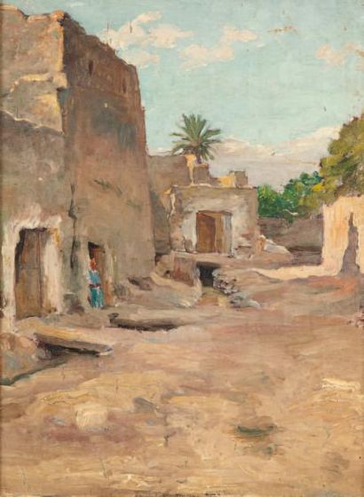 Fritz MULLER (1879-1957) Village d'Afrique du Nord Huile sur toile, marouflée sur...