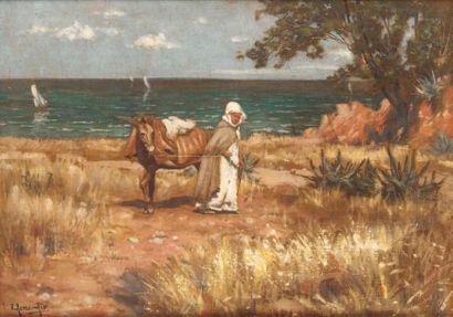 René HIS (1877-1960) Un homme et son mulet au bord de l'eau Huile sur toile, signée...