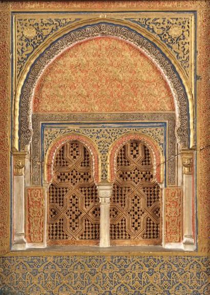 null Maquette de la façade d'une porte de l'Alhambra de Grenade, en stuc ciselée,...