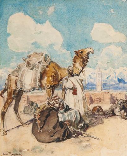 Henri ROUSSEAU (1875-1933) Caravane devant la Koutoubia, Marrakech Aquarelle, signée...
