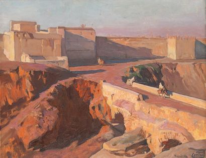Adam STYKA (1890-1959) Les remparts de Marrakech Huile sur carton, signée en bas...