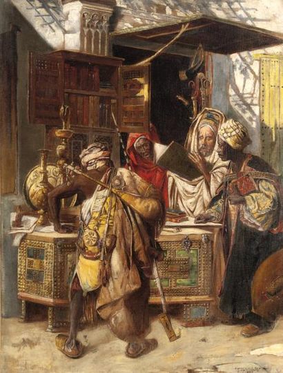 Gyula TORNAI (1861-1928) L'Antiquaire du souk de Tétouan Huile sur toile, signée,...