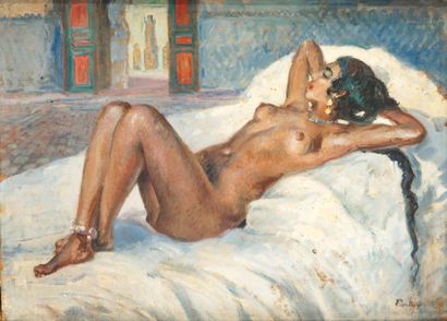 Henri PONTOY (1888-1968) Nu étendu dans un palais Huile sur toile, signée en bas...