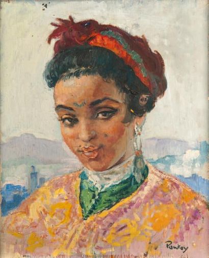 Henri PONTOY (1888-1968) Portrait de jeune fille devant la ville de FèsVue présumée...