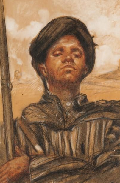 Henri PONTOY (1888-1968) Portrait d'homme au turban Dessin au trois crayons, signé...