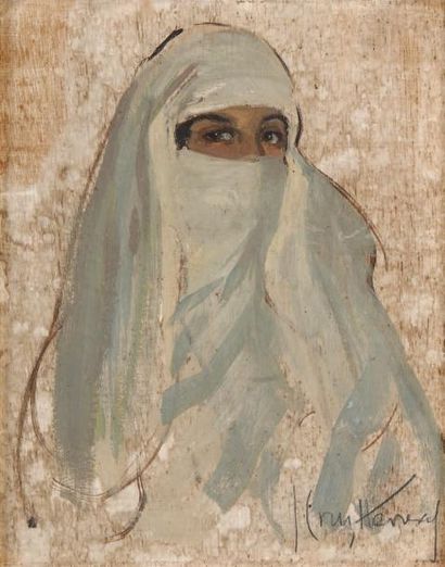 José CRUZ HERRERA (1890-1872) Portrait d'une femme voilée Huile sur panneau, signée...
