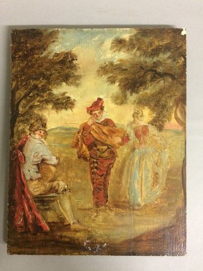 D’après WATTEAU Musicien. 

Panneau parqueté. 24 x 16 cm