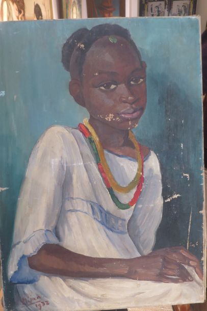 LUC MIJAN (XXème siècle) Jeune africaine au collier

Huile sur toile. 

Signée et...