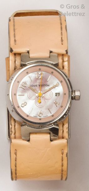 LOUIS VUITTON «Tonneau» - Bracelet-montre de dame en acier, boîtier rond, cadran...