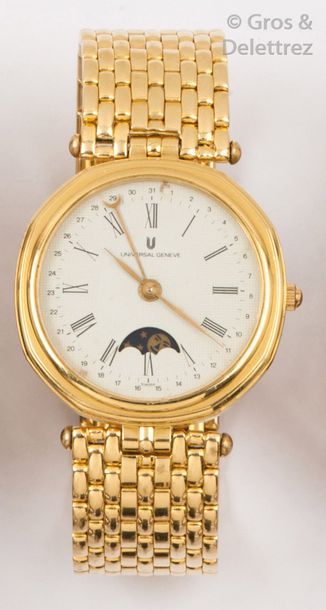 UNIVERSAL GENEVE Bracelet-montre en or jaune, boîtier rond, cadran blanc à chiffres...