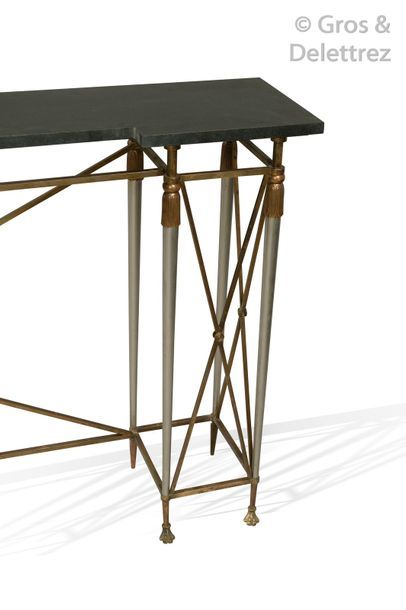 Maison JANSEN Exceptionnelle console néoclassique en métal brossé et bronze doré,...