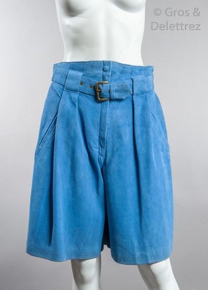 Jean CLAUDE JITROIS Jupe culotte taille haute en agneau velours bleu, deux poches...