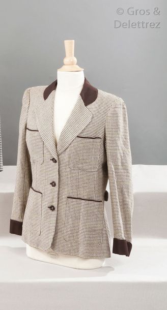 Saint LAURENT rive gauche circa 1968/1969 Veste en lin et soie pied de poule beige...