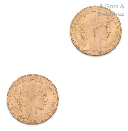 null Lot de deux pièces 20 francs or de 1910 et 1912, gravé par Jules-Clément Chaplain.
Diamètre:...