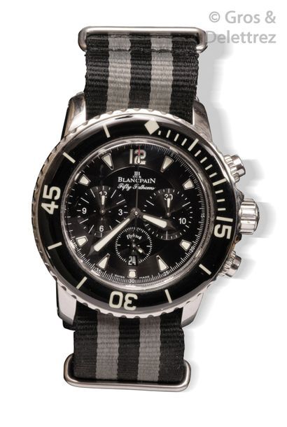 BLANCPAIN «Fifty Fathom's» - Grand chronographe bracelet de plongée en acier. Cadran...