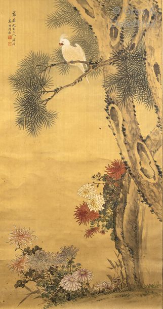 null Chine, XXe siècle Peinture à l’encre et couleurs sur soie, représentant un perroquet...