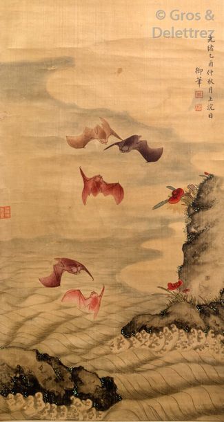 null Chine, XXe siècle Encre et couleurs sur papier représentant des chauve-souris...