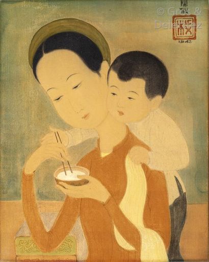 MAI trung THU (1906-1980) Le rideau vert ou le bol de riz Encre et couleurs sur soie...