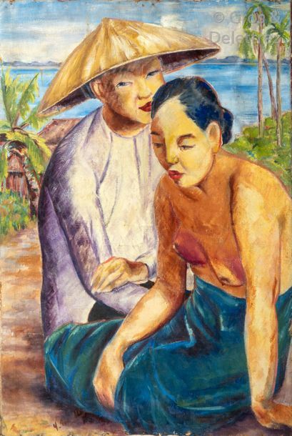 null Yves REVELLI (1898-1971) Deux paysannes vietnamiennes Huile sur toile. 91, 5...