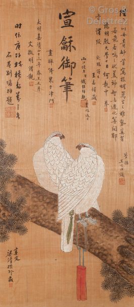 null Chine, XXe	

Peinture à l’encre et couleurs sur soie représentant deux faucons...
