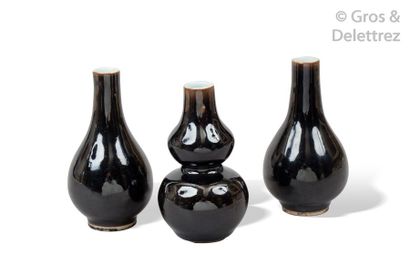 null Chine, XIXe siècle Paire de vase piriforme et vase coloquinte. Noir miroir....