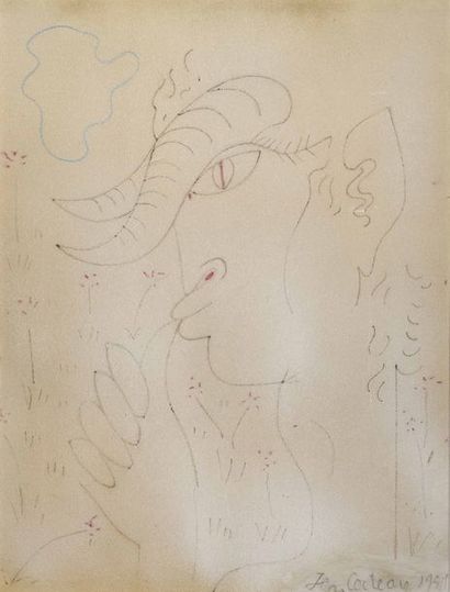 Jean COCTEAU (1889-1963) 
Le Faune
Encre, encres de couleurs et craie.
Signature...
