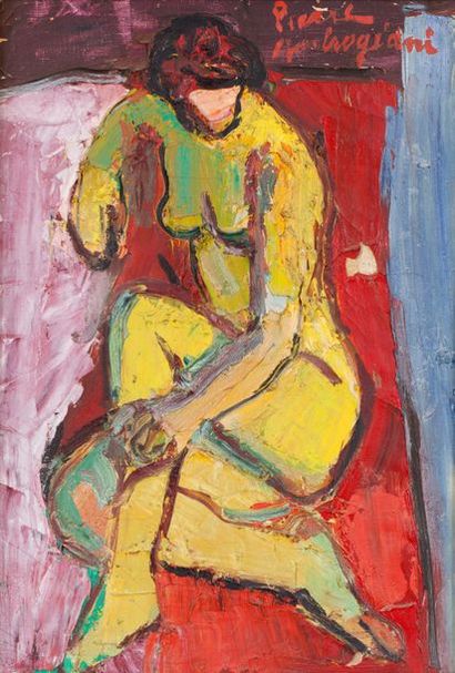 Pierre AMBROGIANI (1907-1985) 
Nu assis au fauteuil rouge
Huile sur toile.
Signée...
