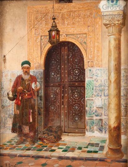 null Rudolf ERNST (1854-1932) (attribué à) A la porte du palais Huile sur panneau,...