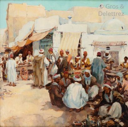 null Isidore VAN MENS (1890-1985) Marché aux légumes à Tunis Huile sur toile. Signée...