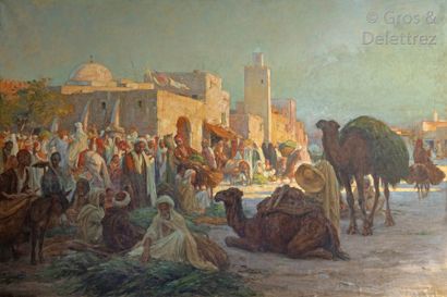 null Charles GODEBY (1870-1952) Marché à Kairouan, 1907 Huile sur toile, signée en...