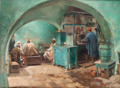 null Max MOREAU (1902-1992) Au café à Tunis, 1936 Huile sur toile, signée et datée...