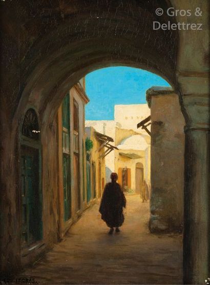 null August Johannes LE GRAS (1864-1915) Promeneurs dans une rue de Tunis Huile sur...