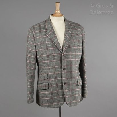 HERMES Paris made in Italy Veste Homme en lainage à carreaux chiné gris, blanc, rouge,...