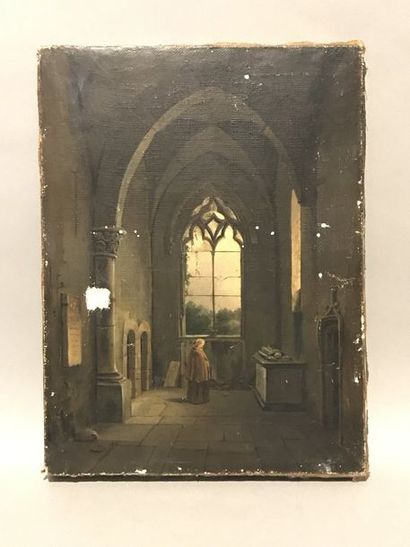 École Française du XIXe siècle Intérieur d'église ou la prière.

Huile sur toile...