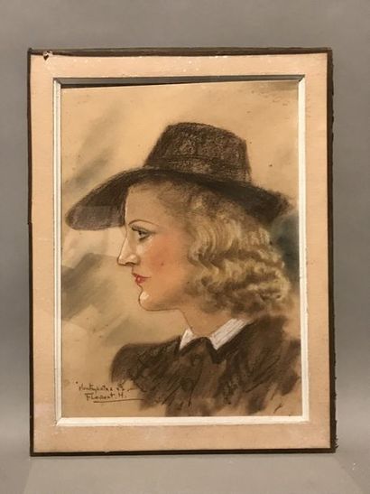 École FRANÇAISE du XXe siècle Portrait de femme au chapeau. 

Pastel sur papier.

36...
