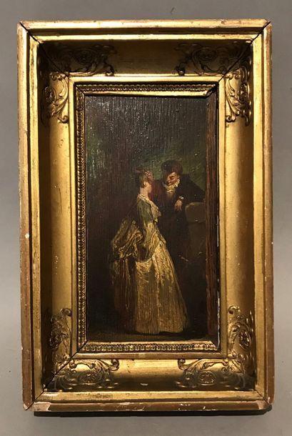 École Française du XIXe siècle Couple dans un intérieur.

Huile sur panneau.

20,5...