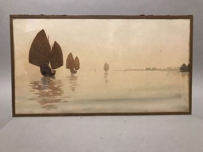 Gaston HAUCHECORNE (1880-1945) Bâteaux à voile sur un fleuve en Asie.

Deux dessins...