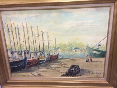 J.P. SALAUN Port – huile sur toile, signée en bas à droite.